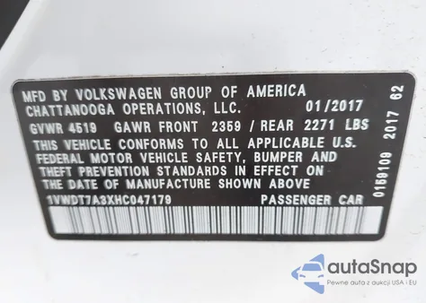 2017 Volkswagen Passat 1.8T R-Line from USA, damaged, VIN 1VWDT7A3XHC047179